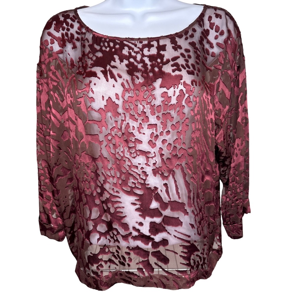 Club Monaco Burgundy Burnout Sheer Silk Velvet Top Sz S Mob Wife Luxe Romantic
